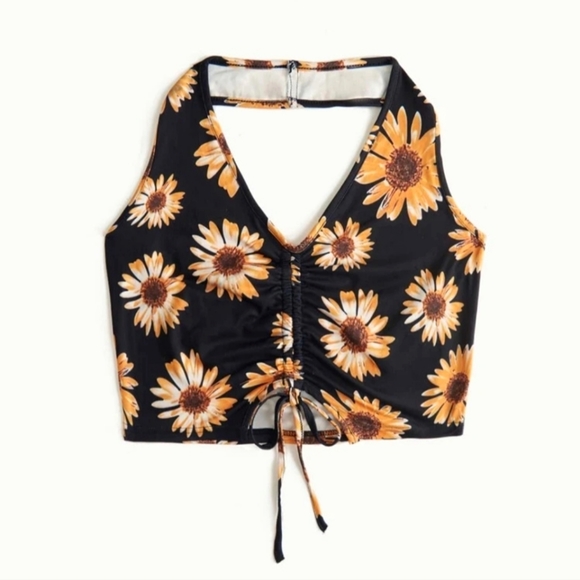 ROMWE Tops - Sunflower Print Drawstring Halter Top NWT